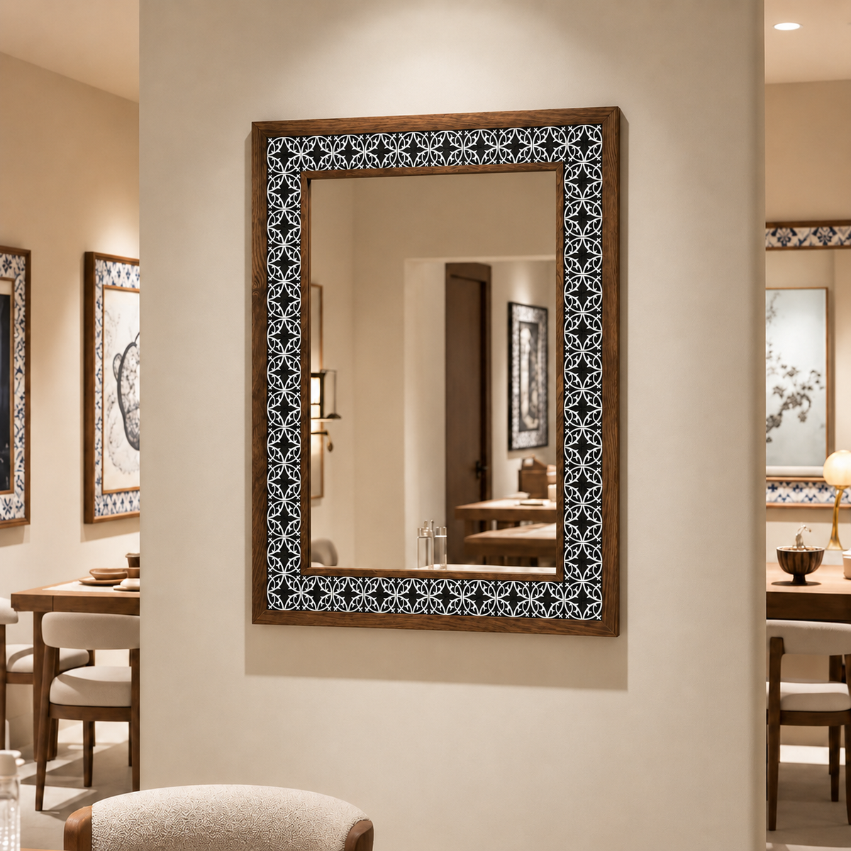 Casablanca Mosaic Mirror styled in a dining room — handmade Turkish mosaic wall mirror