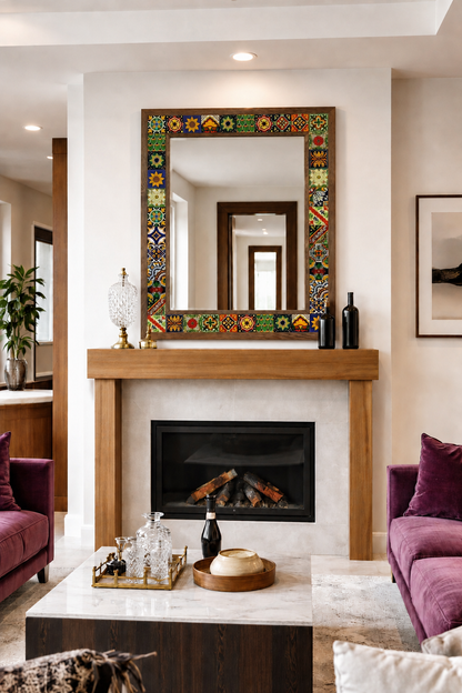 Colorado Mosaic Mirror styled above a fireplace — handmade Turkish mosaic wall mirror