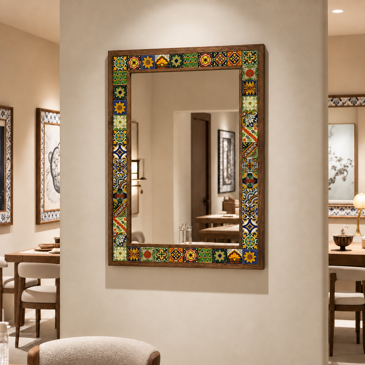 Colorado Mosaic Mirror styled in a dining room — handmade Turkish mosaic wall mirror