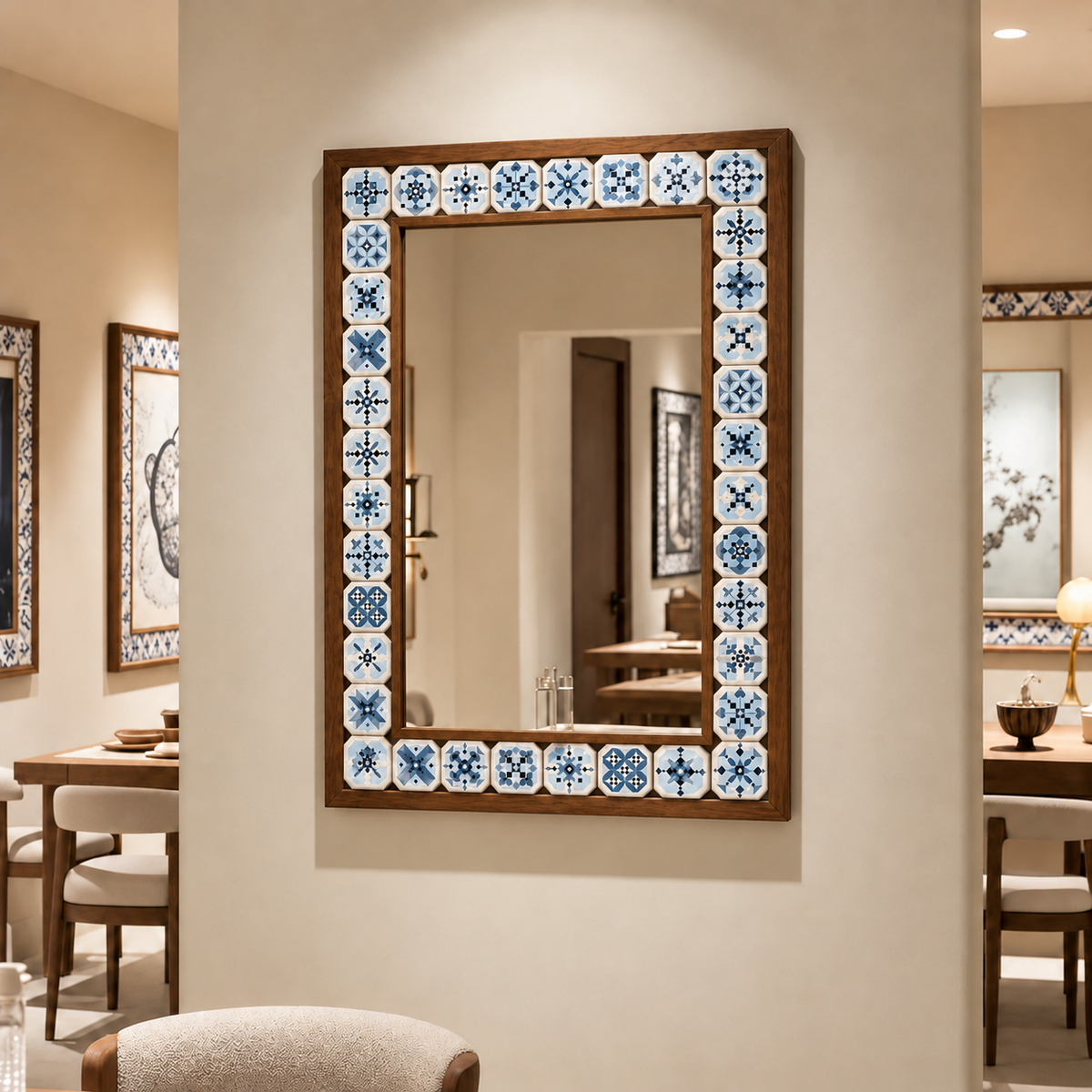 Copenhagen Mosaic Mirror styled in a dining room — handmade Turkish mosaic wall mirror