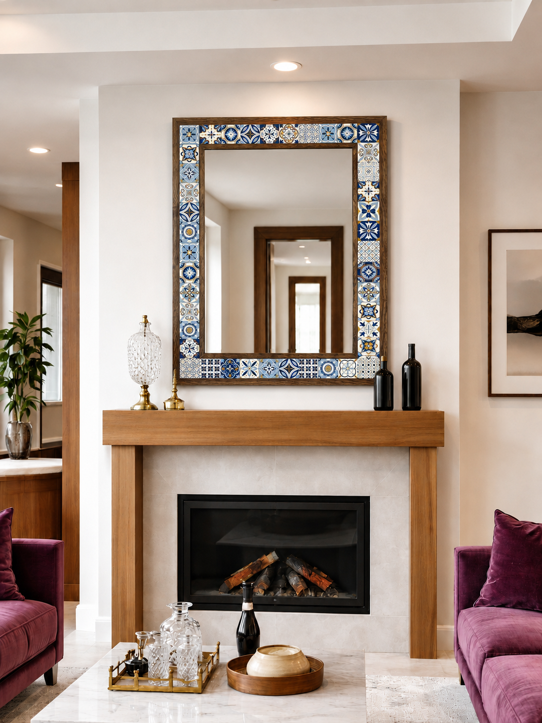 Corfu Mosaic Mirror styled above a fireplace — handmade Turkish mosaic wall mirror