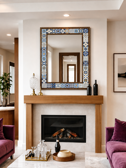 Corfu Mosaic Mirror styled above a fireplace — handmade Turkish mosaic wall mirror