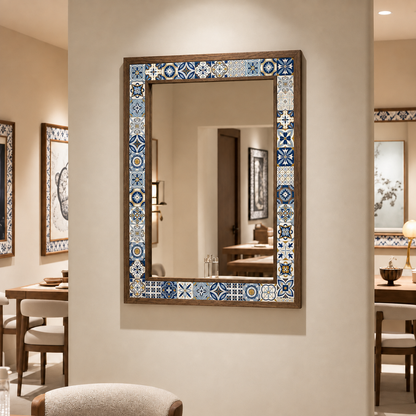 Corfu Mosaic Mirror styled in a dining room — handmade Turkish mosaic wall mirror