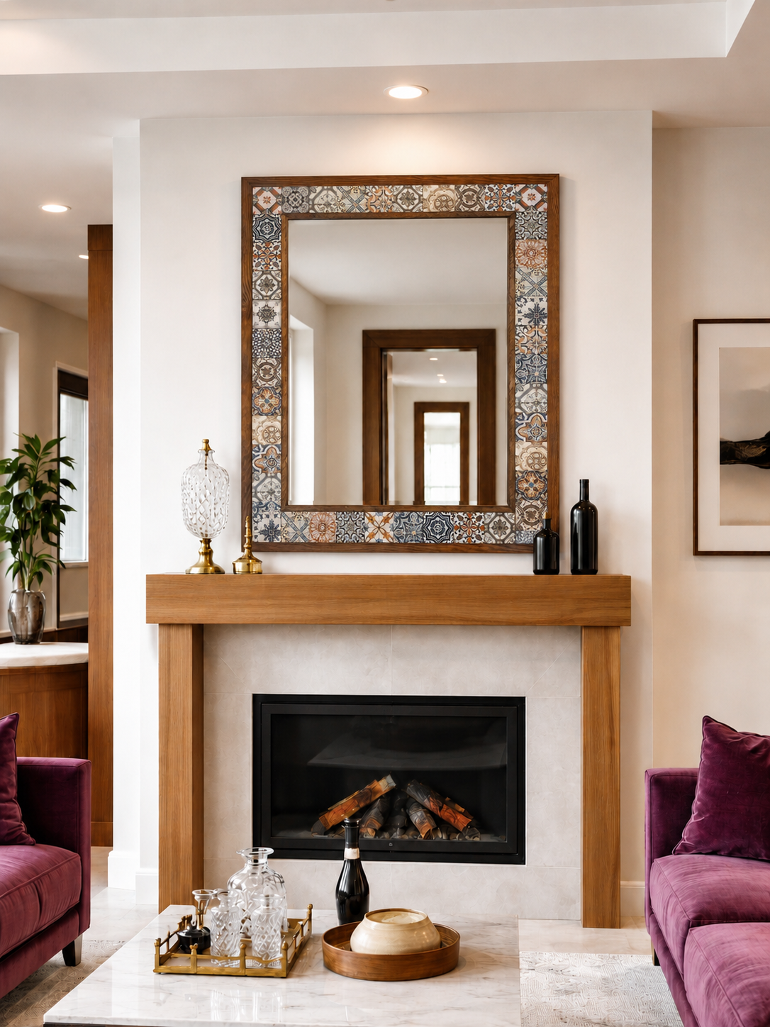 Damascus Mosaic Mirror styled above a fireplace — handmade Turkish mosaic wall mirror