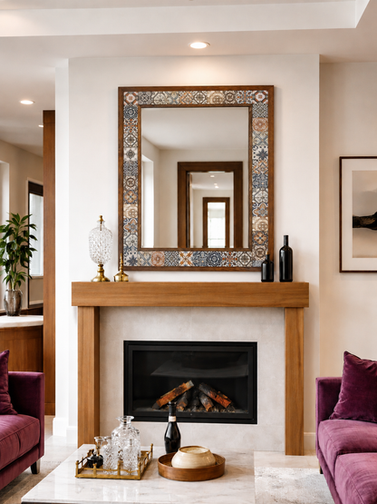 Damascus Mosaic Mirror styled above a fireplace — handmade Turkish mosaic wall mirror