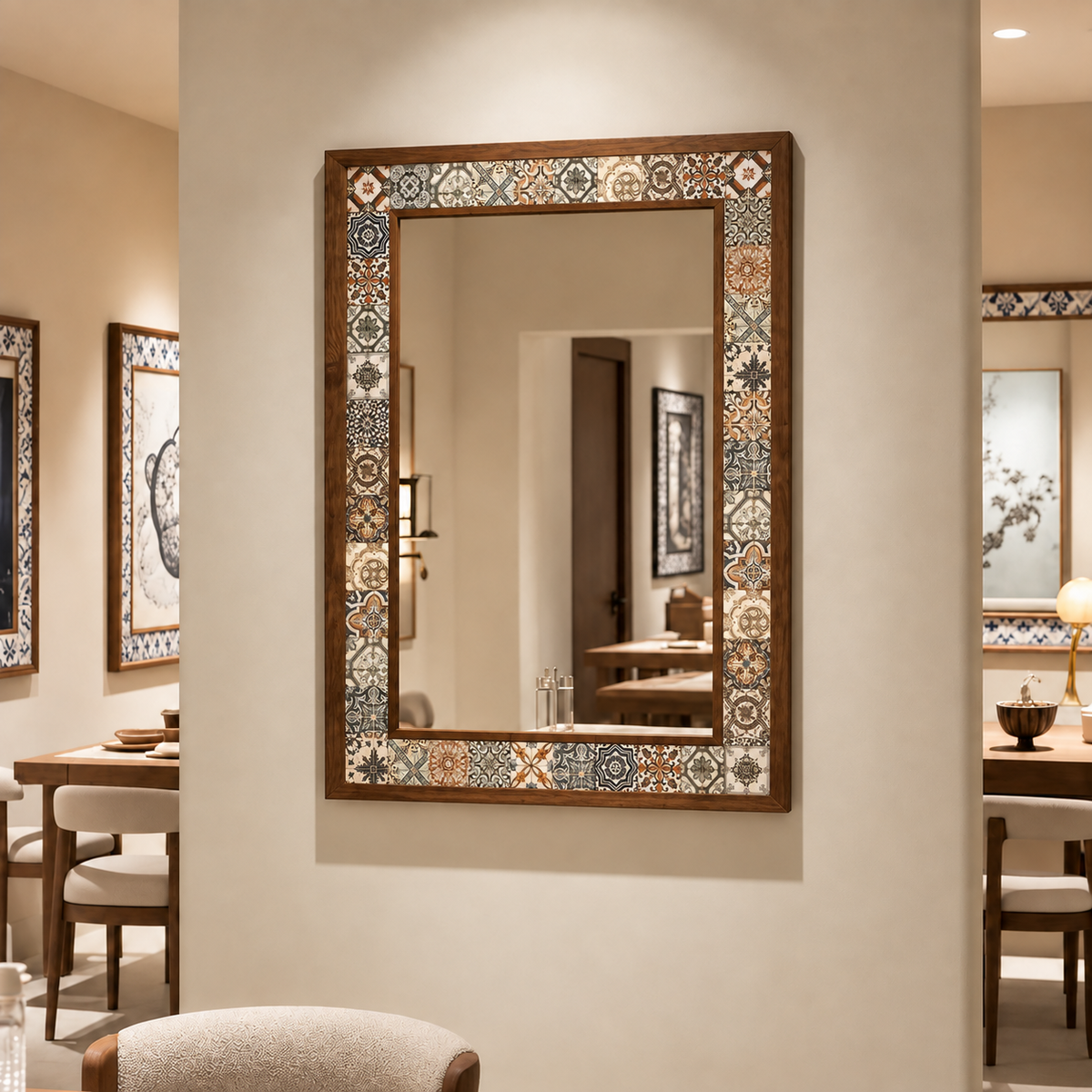 Damascus Mosaic Mirror styled in a dining room — handmade Turkish mosaic wall mirror