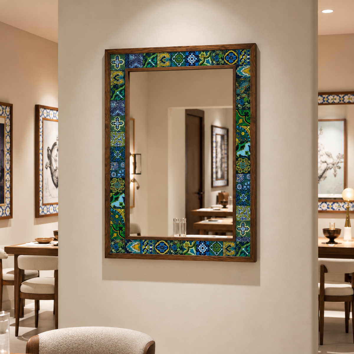 Emerald Mosaic Mirror styled in a dining room — handmade Turkish mosaic wall mirror