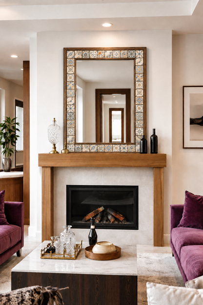 Florence Mosaic Mirror styled above a fireplace — handmade Turkish mosaic wall mirror