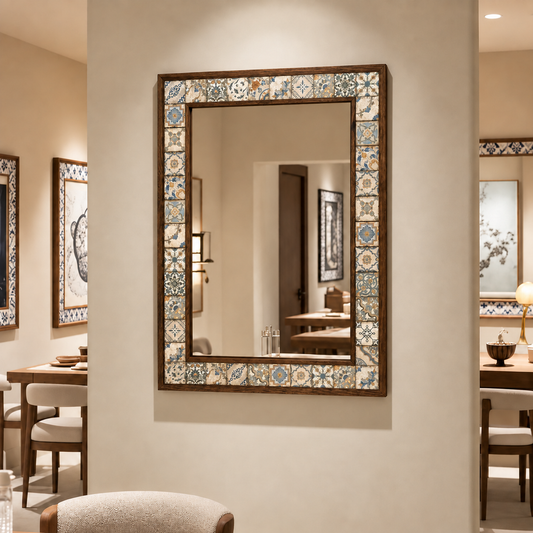 Florence Mosaic Mirror styled in a dining room — handmade Turkish mosaic wall mirror