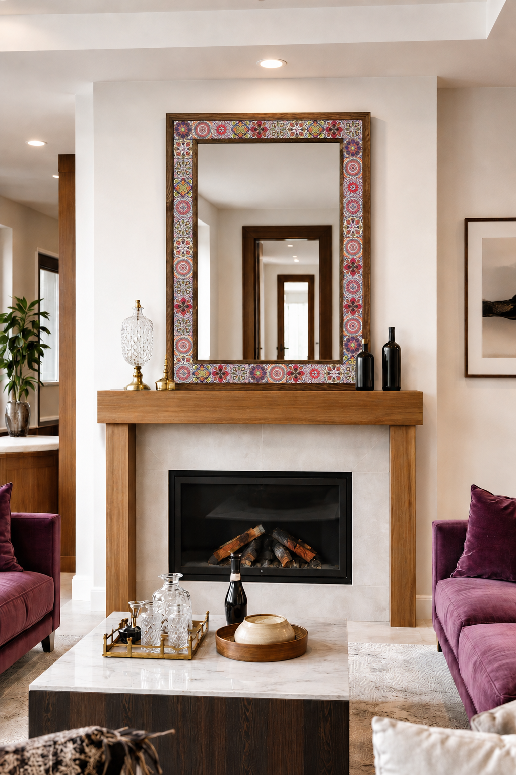Granada Mosaic Mirror styled above a fireplace — handmade Turkish mosaic wall mirror