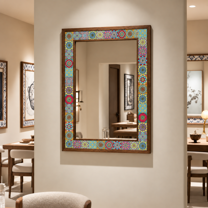 Ibiza Mosaic Mirror styled in a dining room — handmade Turkish mosaic wall mirror