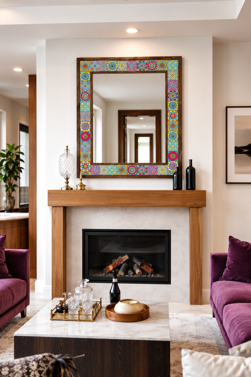 Ibiza Mosaic Mirror styled above a fireplace — handmade Turkish mosaic wall mirror