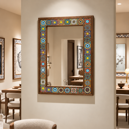 Istanbul Mosaic Mirror styled in a dining room — handmade Turkish mosaic wall mirror