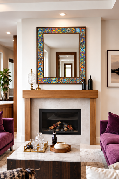 Istanbul Mosaic Mirror styled above a fireplace — handmade Turkish mosaic wall mirror