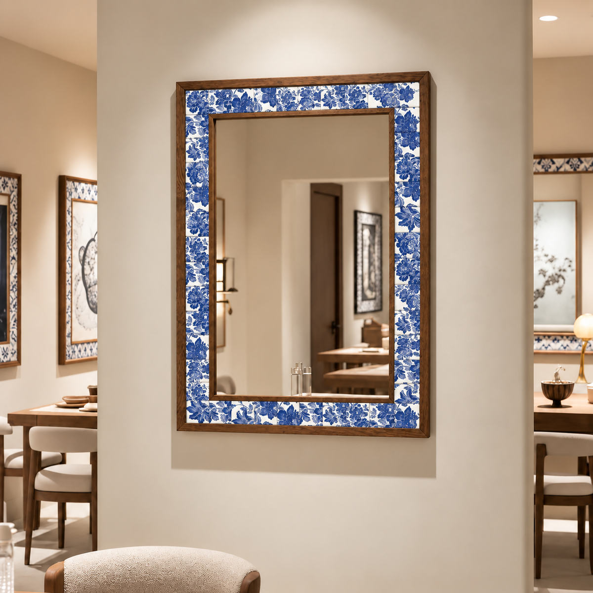 Lisbon Mosaic Mirror styled in a dining room — handmade Turkish mosaic wall mirror