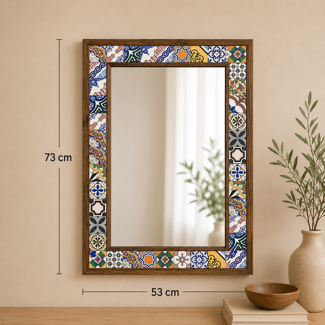 Handmade Pine Wood with Mosaic Tiles Mirror (53cm x 73cm)