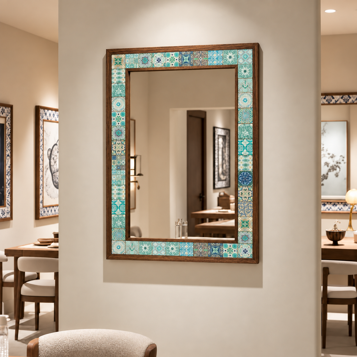 Malibu Mosaic Mirror styled in a dining room — handmade Turkish mosaic wall mirror
