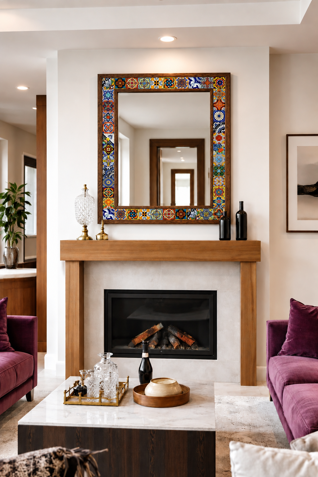 Marrakech Mosaic Mirror styled above a fireplace — handmade Turkish mosaic wall mirror