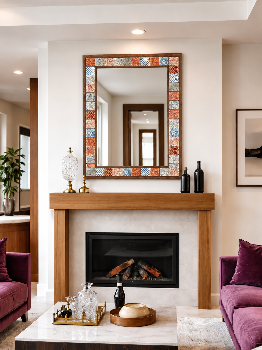 Merida Mosaic Mirror styled above a fireplace — handmade Turkish mosaic wall mirror