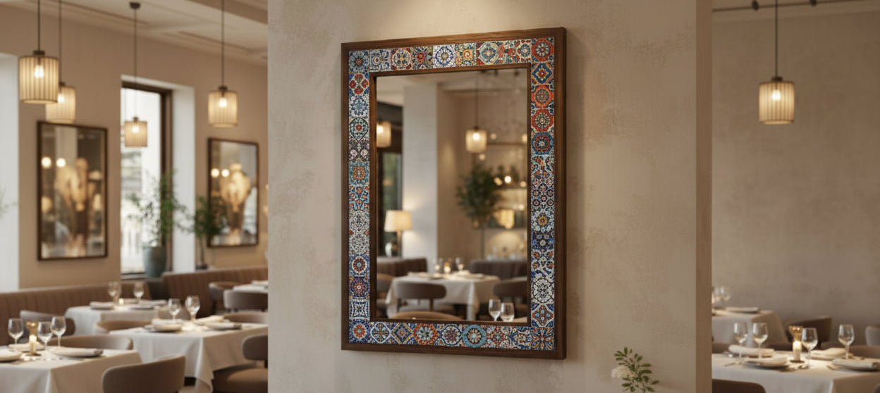 Decorative mirror with mosaic frame in a restaurant setting
