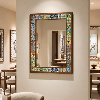 Nevada Mosaic Mirror styled in a dining room — handmade Turkish mosaic wall mirror