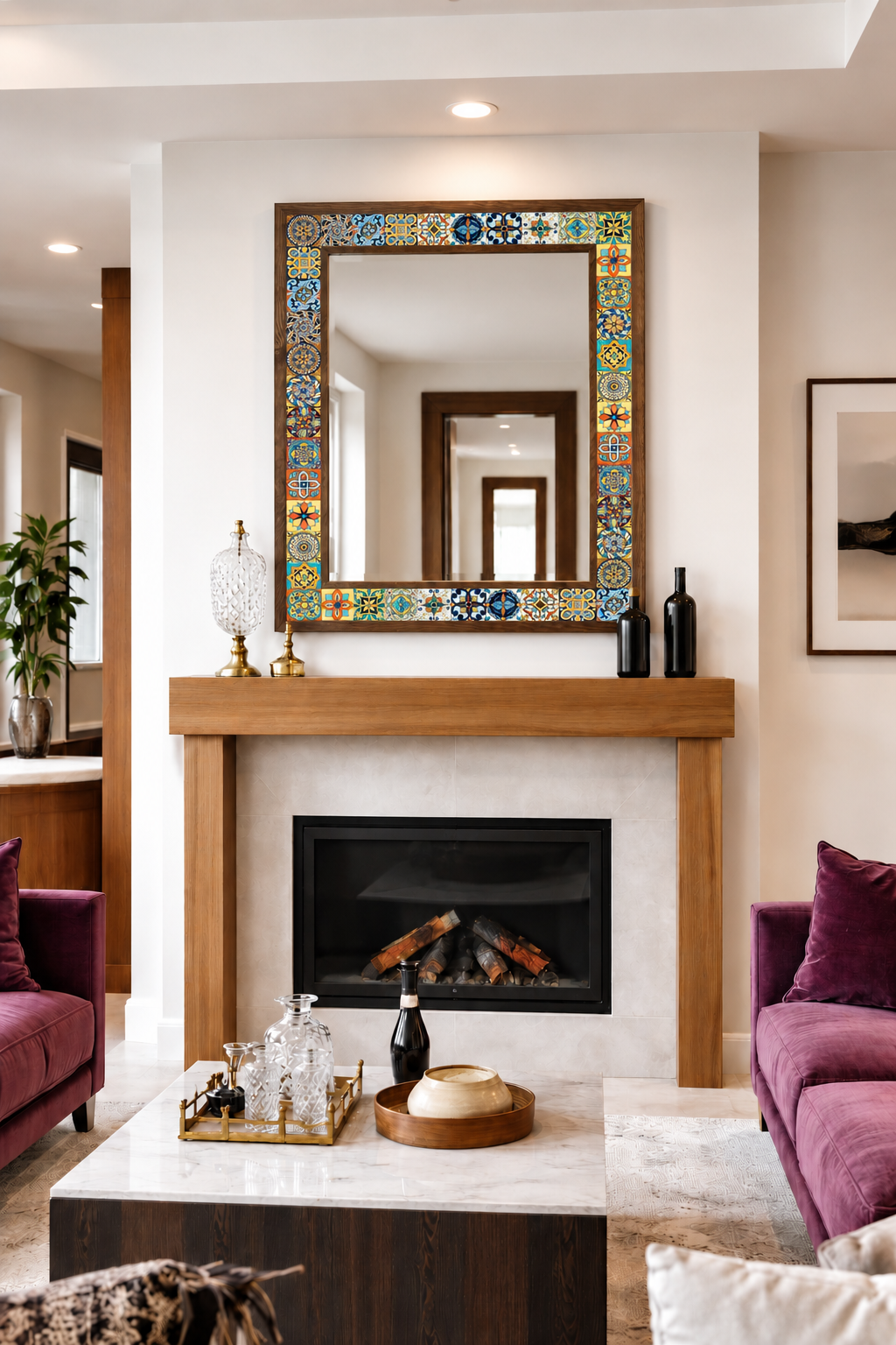Nevada Mosaic Mirror styled above a fireplace — handmade Turkish mosaic wall mirror
