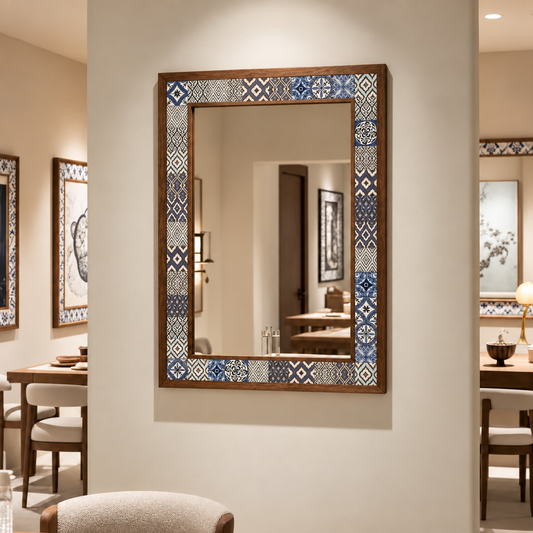 Newport Mosaic Mirror styled in a dining room — handmade Turkish mosaic wall mirror