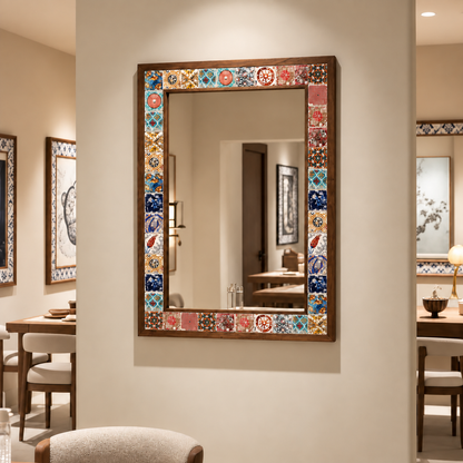 Nomad Mosaic Mirror styled in a dining room — handmade Turkish mosaic wall mirror