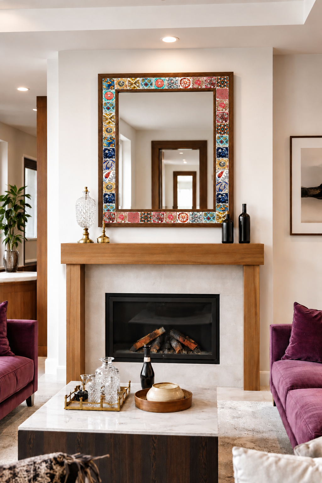 Nomad Mosaic Mirror styled above a fireplace — handmade Turkish mosaic wall mirror