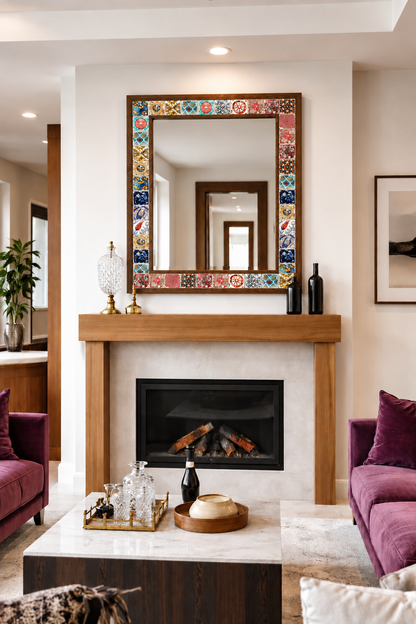 Nomad Mosaic Mirror styled above a fireplace — handmade Turkish mosaic wall mirror