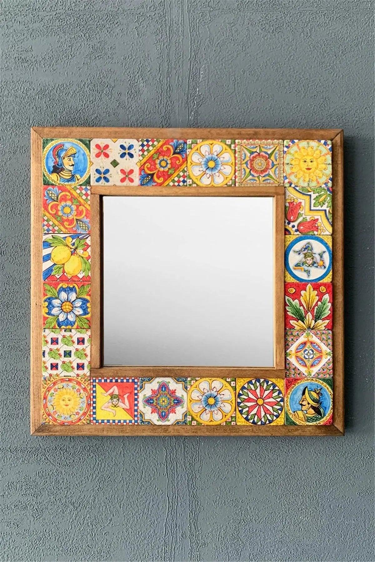 Unique Ceramic Handcrafted Wooden Mosaic Framed Mirror New Home Gift