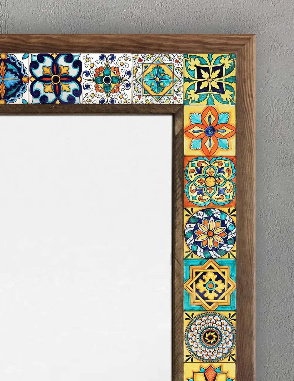 Mosaic Stone Wooden Framed Mirror Handmade Colourful Wall Art 