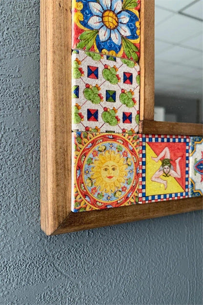 Unique Ceramic Handcrafted Wooden Mosaic Framed Mirror New Home Gift