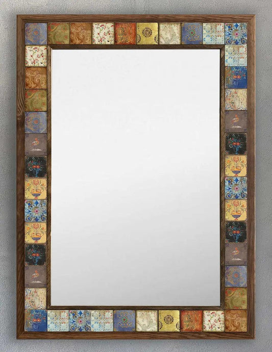 Handmade Decorative Wall Hanging Ceramic Tile Mirror, Natural Stone