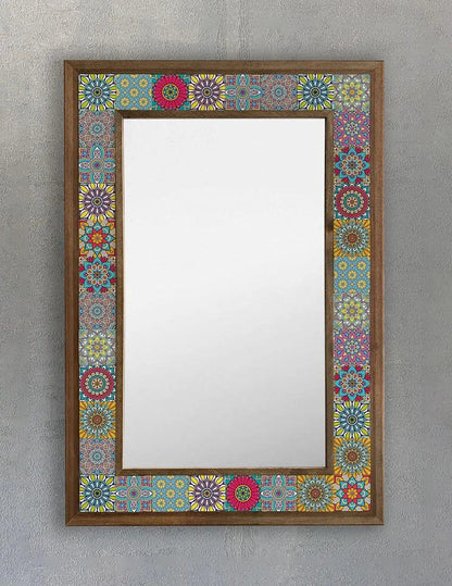 Large Vanity Mosaic Framed Mirror Tile and Wood Wall Art