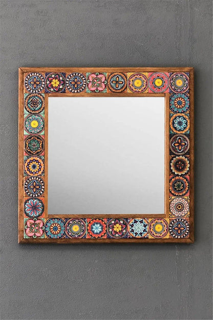 Ceramic Home Décor Wooden Mosaic Mirror Wall Hanging Office Gift  