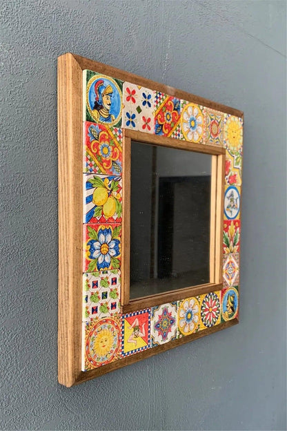 Unique Ceramic Handcrafted Wooden Mosaic Framed Mirror New Home Gift