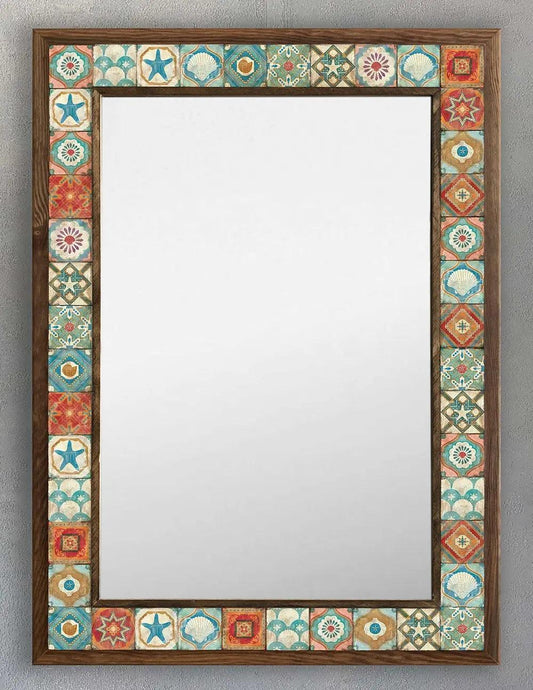 Wooden Framed Mosaic Tile Mirror Unique Handmade Decor Mirror for Home