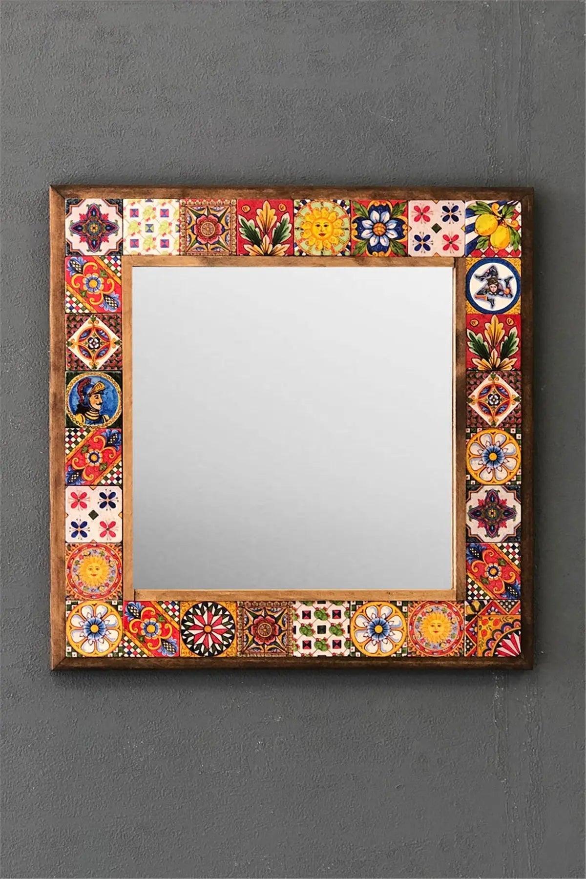 Unique Ceramic Handcrafted Wooden Mosaic Framed Mirror New Home Gift