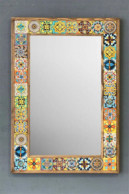 Mosaic Stone Wooden Framed Mirror Handmade Colourful Wall Art 