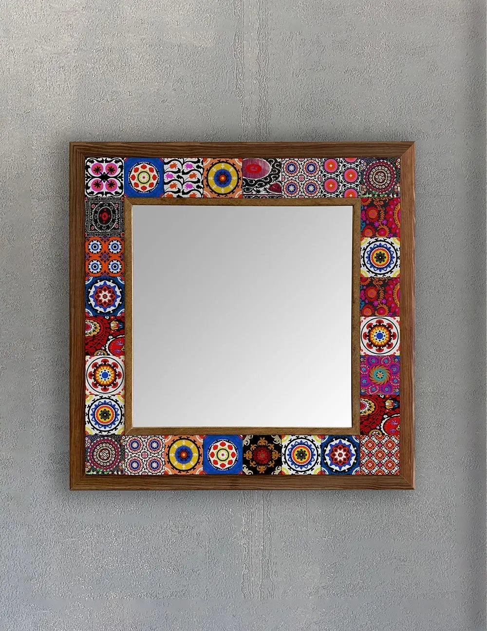 Handcrafted Wooden Mosaic Stone Framed Mirror Housewarming Gift