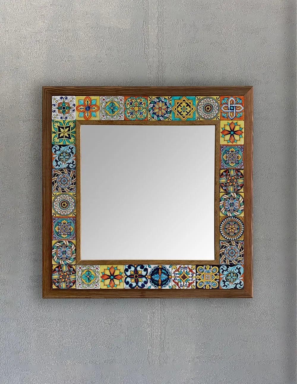 Mosaic Stone Wooden Framed Mirror Handmade Colourful Wall Art 