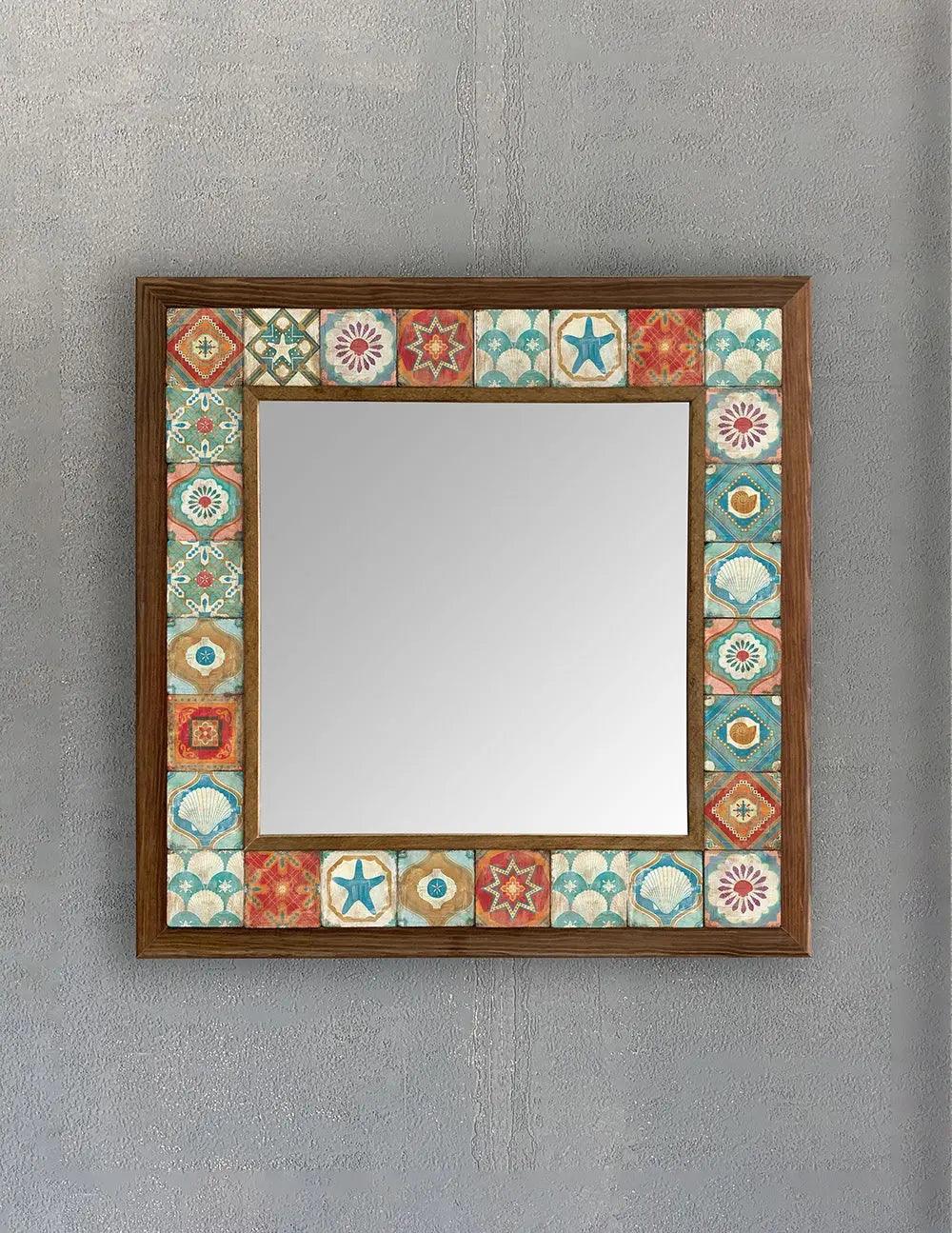 Wooden Framed Mosaic Tile Mirror Unique Handmade Decor Mirror for Home