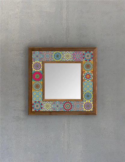 Large Vanity Mosaic Framed Mirror Tile and Wood Wall Art