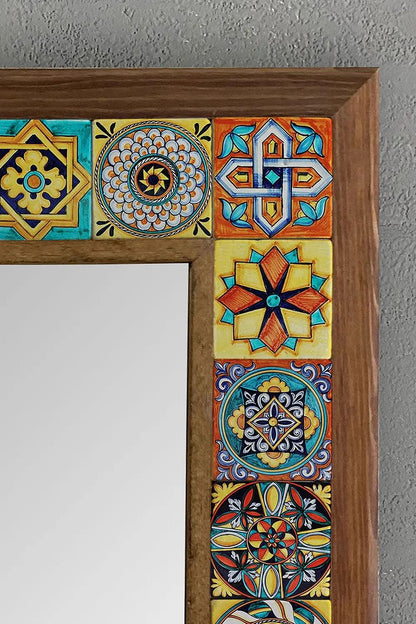 Mosaic Stone Wooden Framed Mirror Handmade Colourful Wall Art 