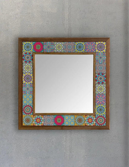 Large Vanity Mosaic Framed Mirror Tile and Wood Wall Art