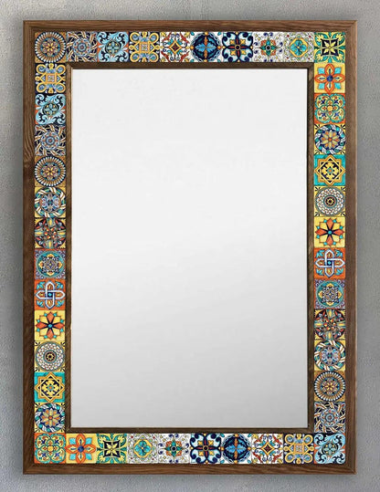 Mosaic Stone Wooden Framed Mirror Handmade Colourful Wall Art 