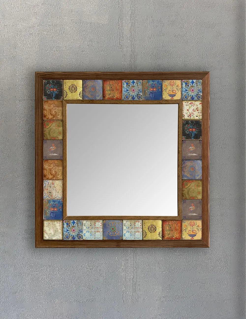 Handmade Decorative Wall Hanging Ceramic Tile Mirror, Natural Stone