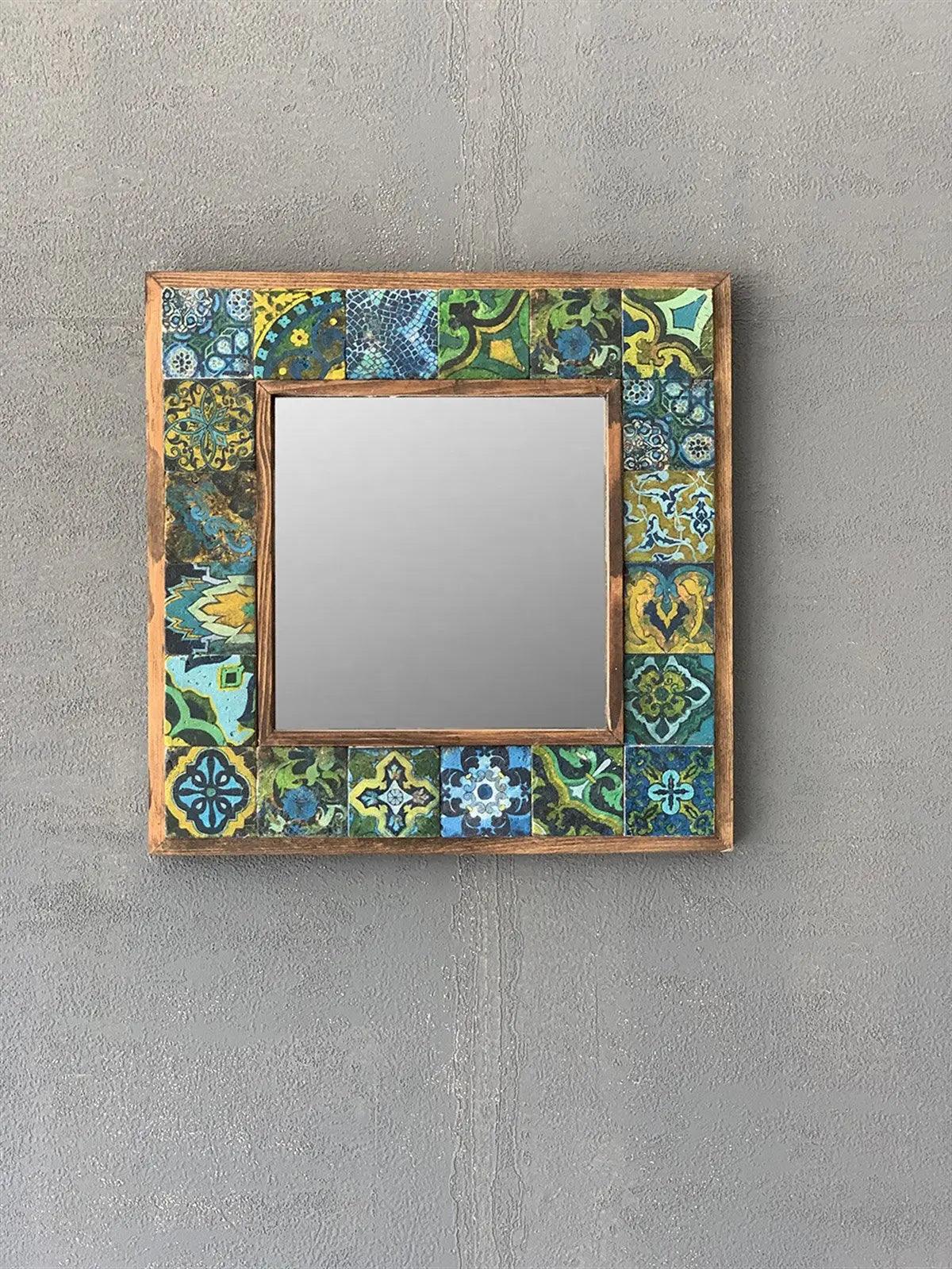 Colourful Wall Hanging Hand Made Wooden Mosaic Stone Framed Mirror