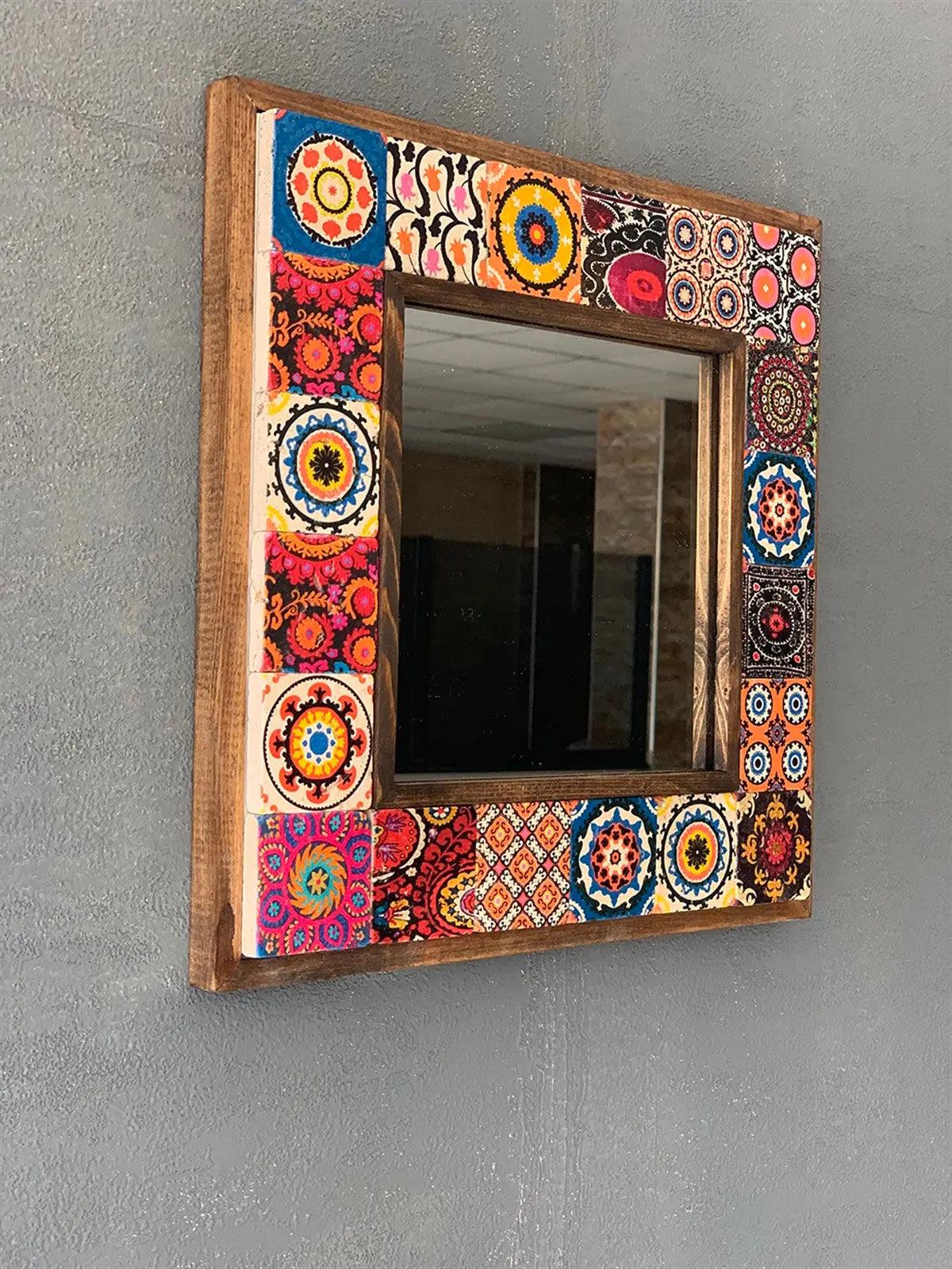 Handcrafted Wooden Mosaic Stone Framed Mirror Housewarming Gift